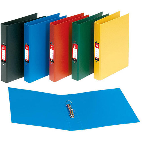 A colorful collection of upright ring binders, including an open blue one in the foreground, ideal for organizing documents