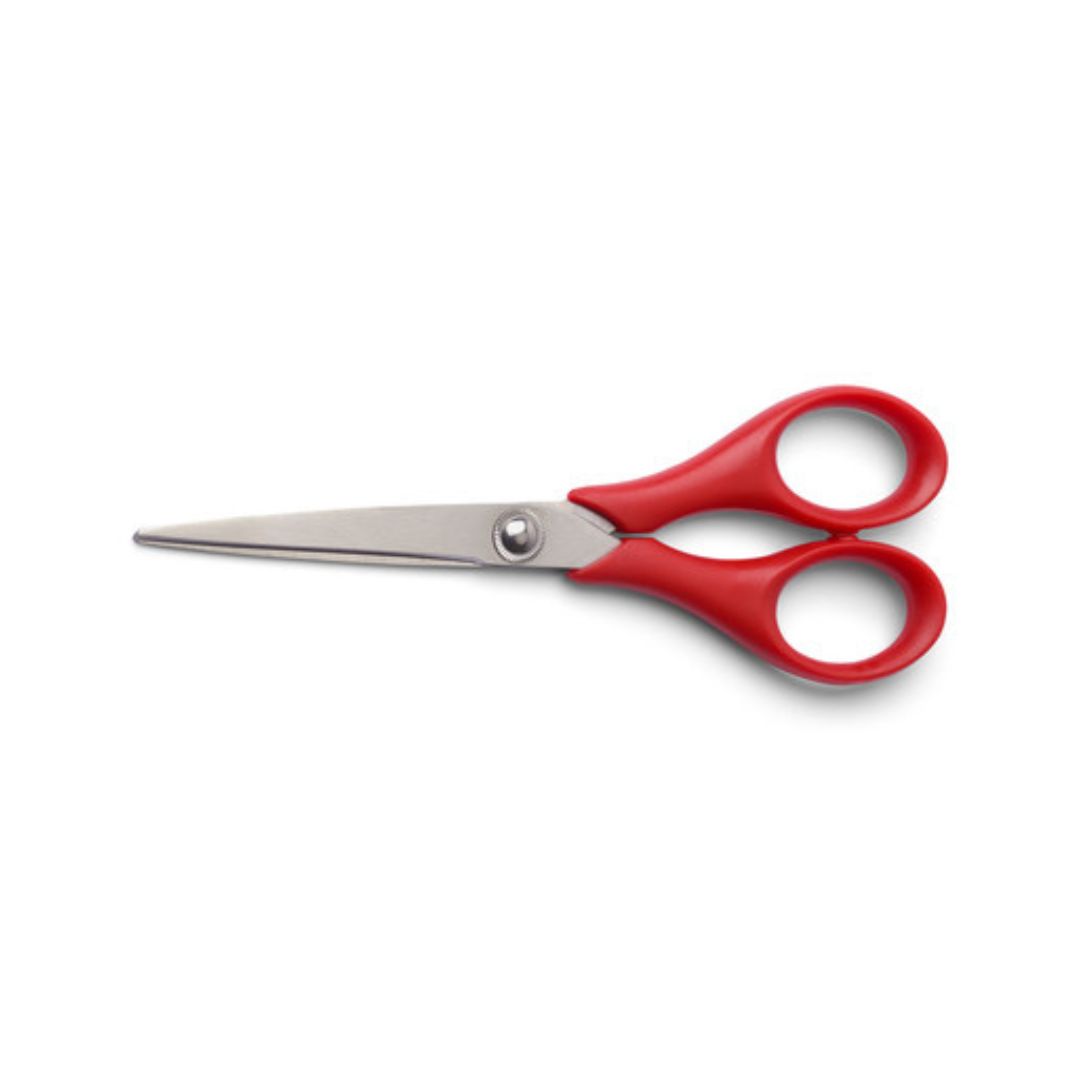 A pair of sharp, stainless steel scissors with comfortable red handles