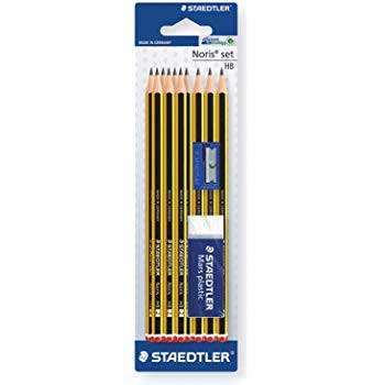 STAEDTLER Noris® set pencils, essential writing tool featuring classic yellow and black design with erasers and a sharpener.