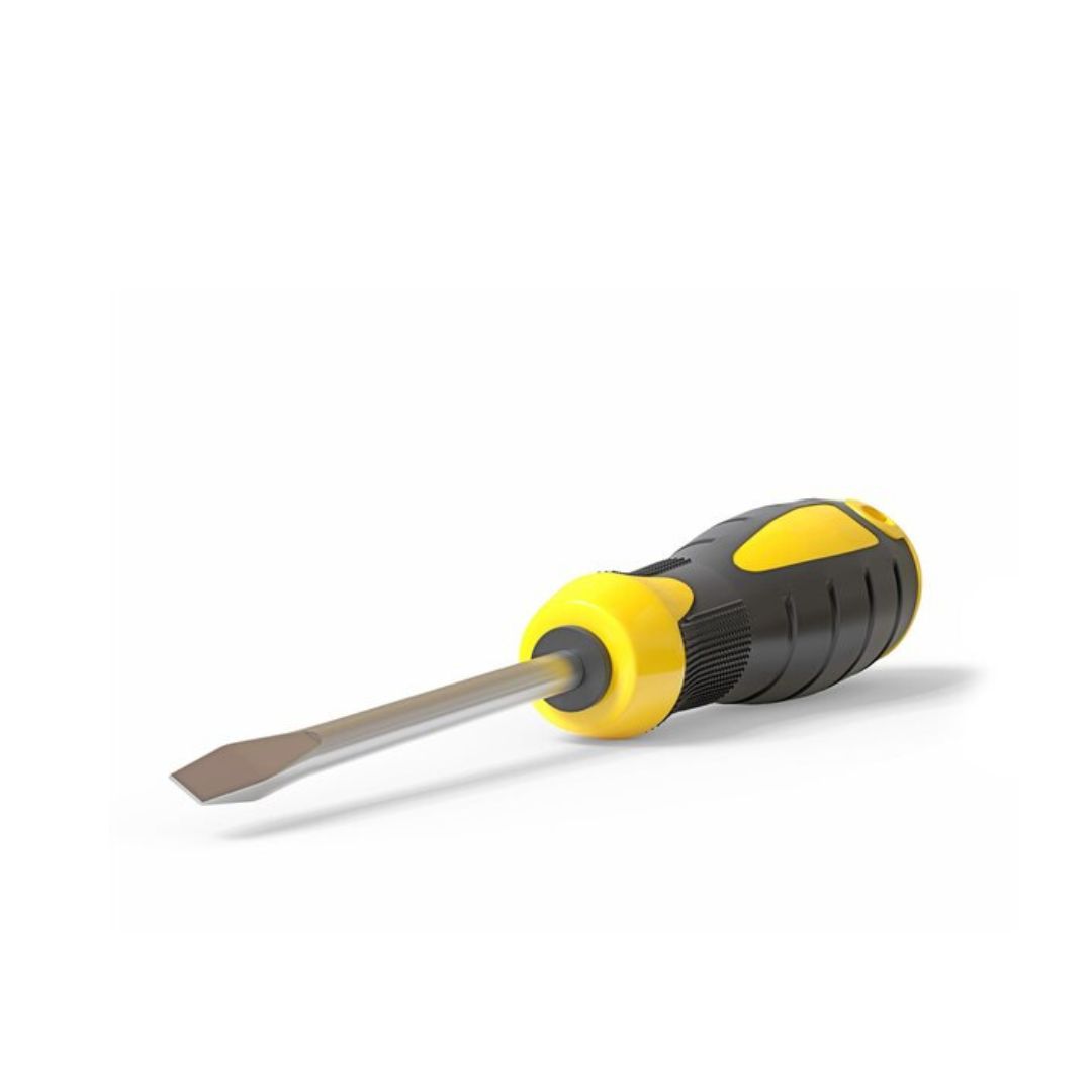 A high-quality screwdriver  with a comfortable yellow and black grip and a sturdy flat head.