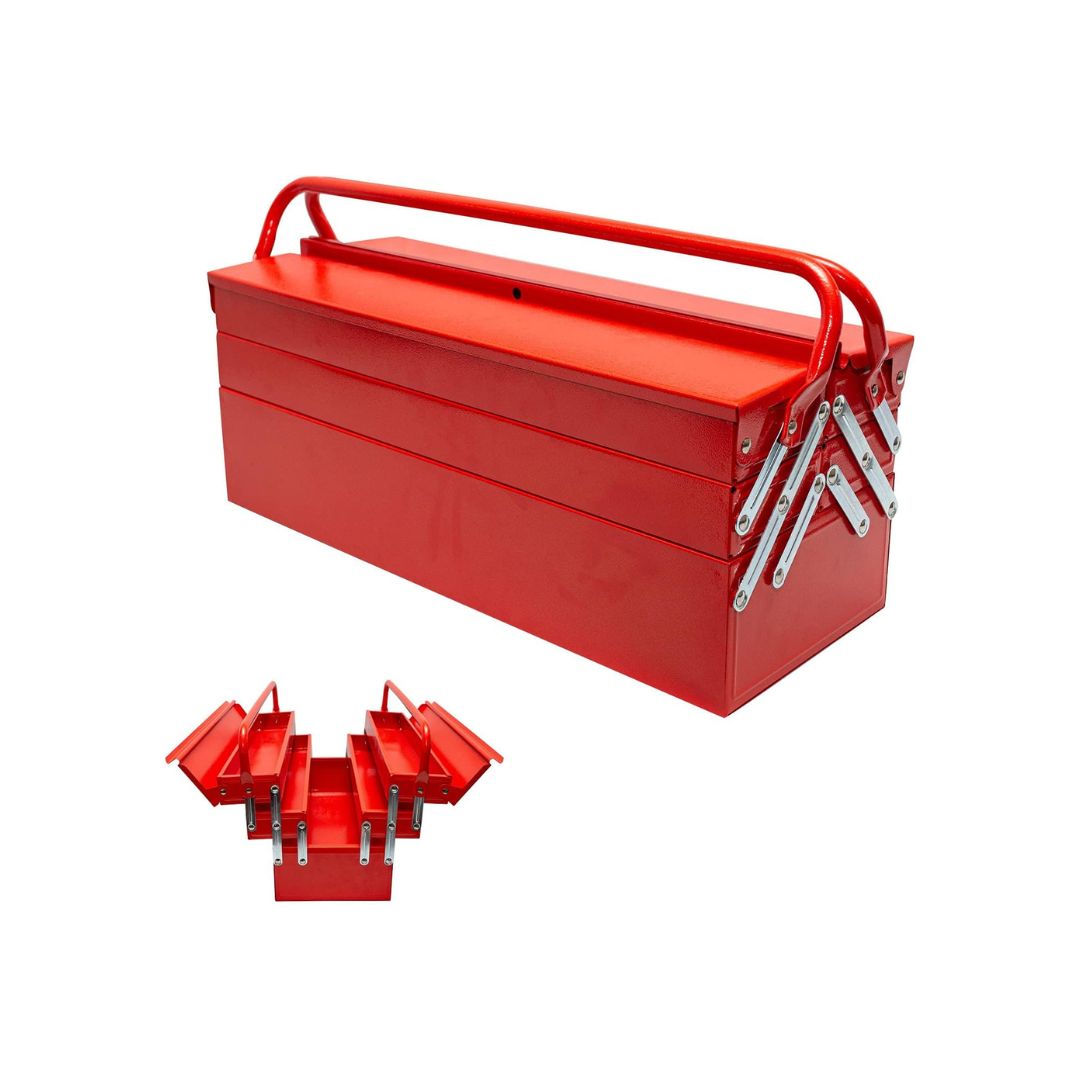 A vibrant red toolbox, essential for organizing and storing tools