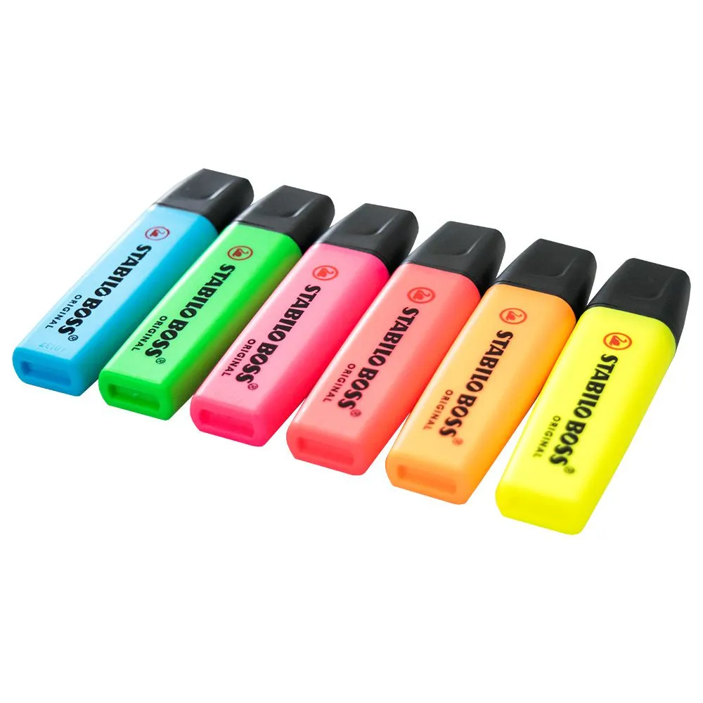 A vibrant set of Stabilo Boss highlighters in assorted colors, perfect for emphasizing key text