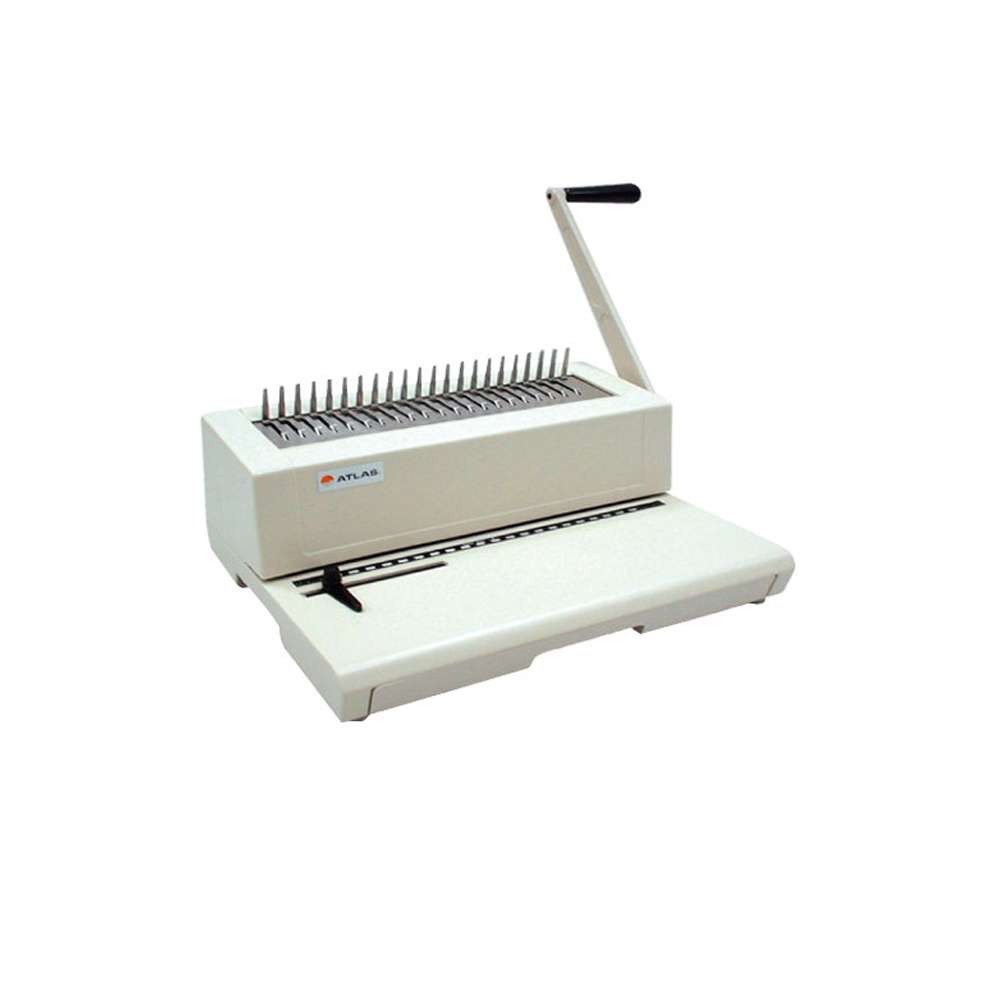 A sleek white manual comb binding machine with a black handle, ready to organize papers into a book.