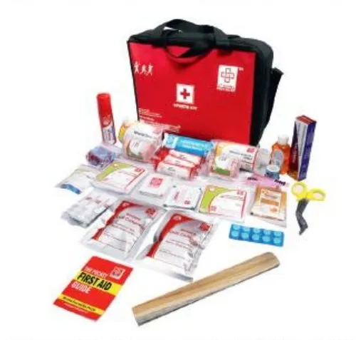  A well-organized first aid kit with various medical supplies, including bandages, gauze pads, adhesive tape, scissors, a wooden splint, and antiseptic solution. The red bag with a white cross symbolizes its use for medical emergencies.