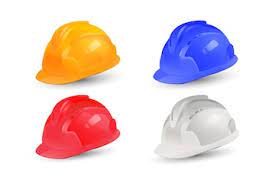 A collection Of safety helmets of 4 colours yellow,blue,red and white