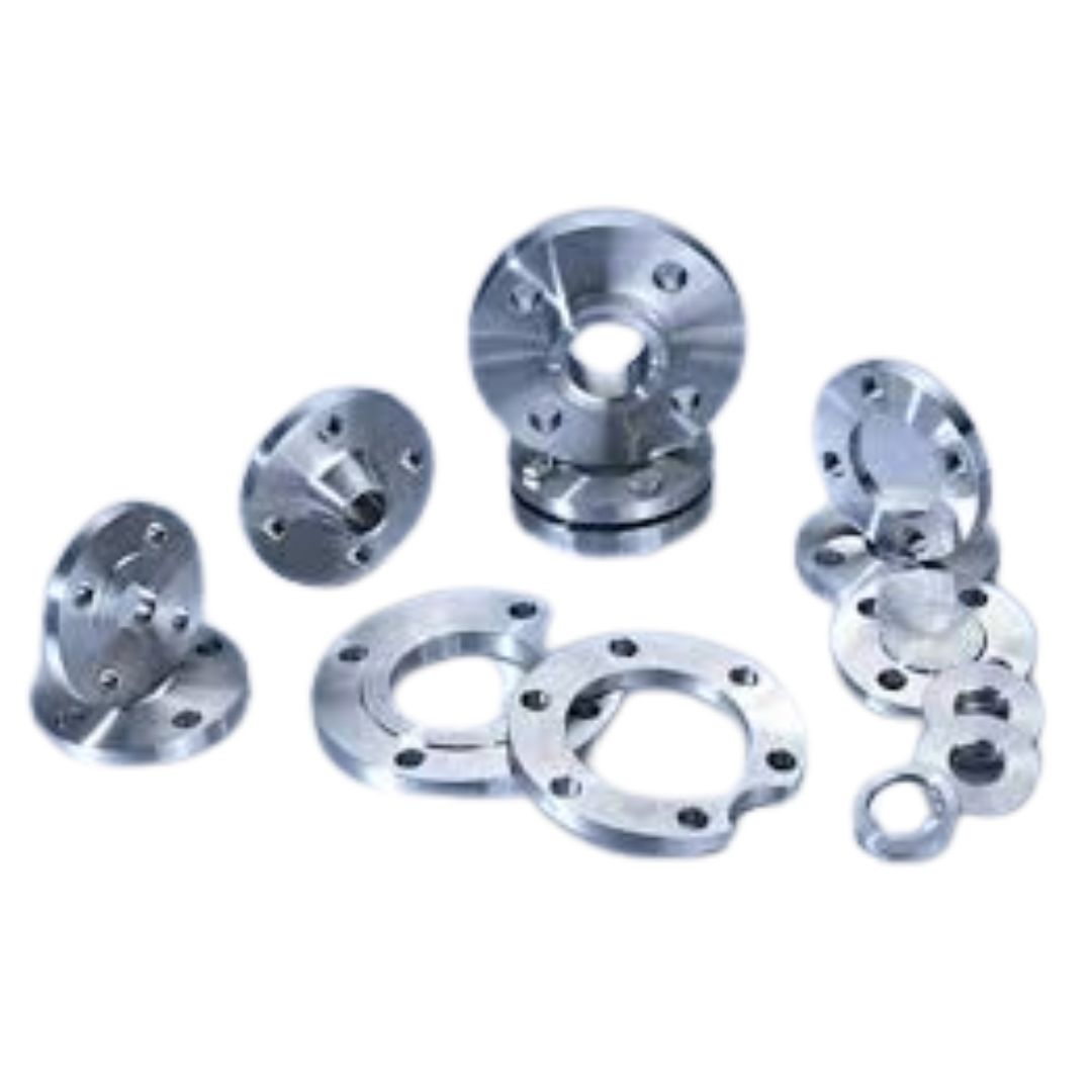 A collection of variously shaped and sized metallic flanges.