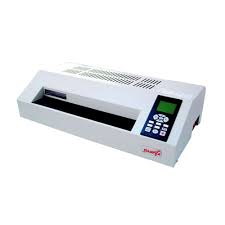 A modern white laminating machine with a digital control panel, designed for efficient document lamination.